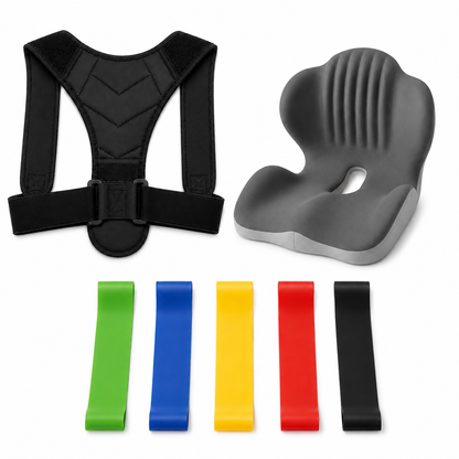 Complete Kit — Posture Corrector, Resistance Bands + Seat Cushion