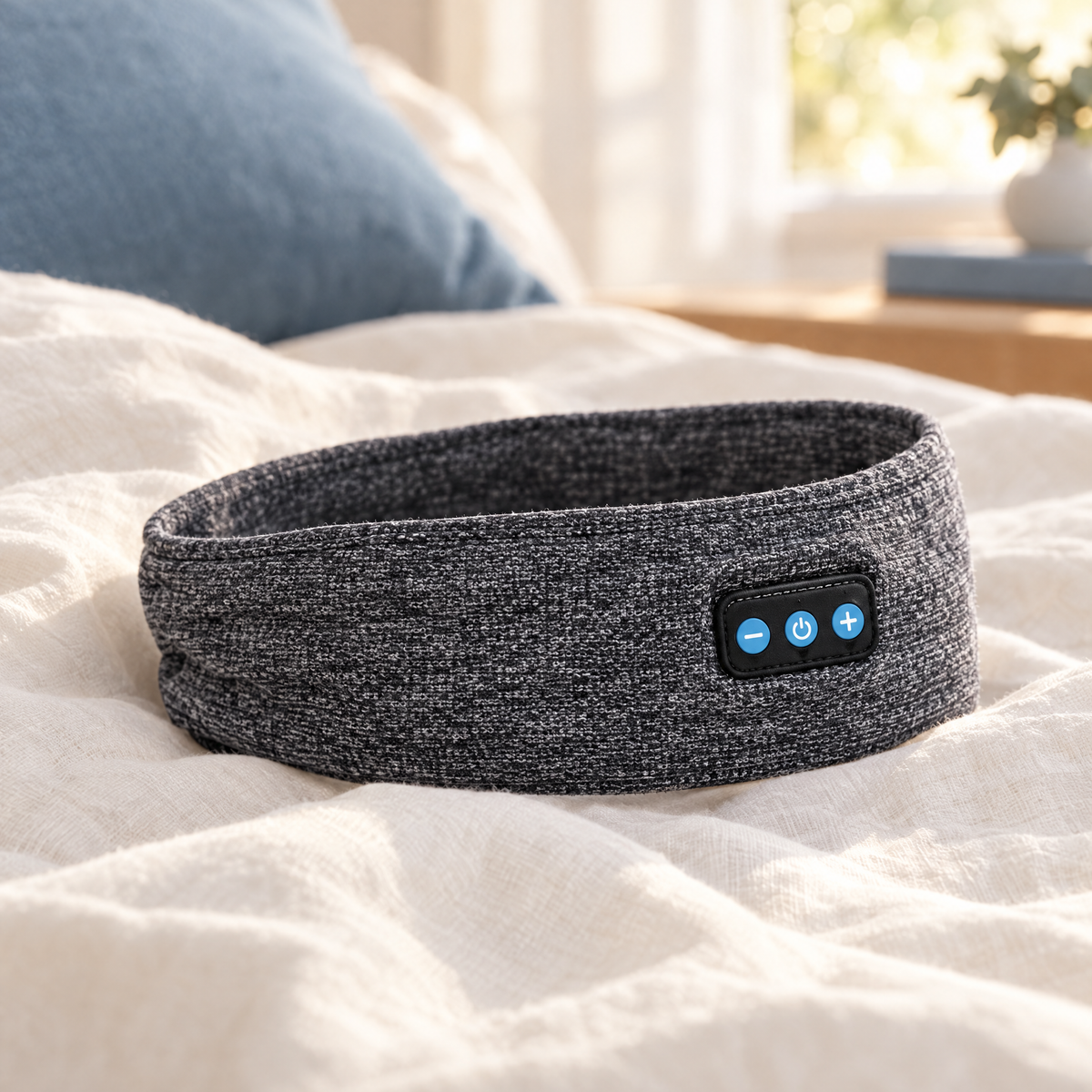 Veylo Bluetooth sleep mask headphones in gray knit with three-button control panel