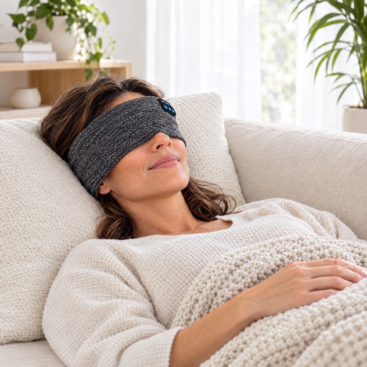 Woman napping on a sofa wearing the sleep mask headphones