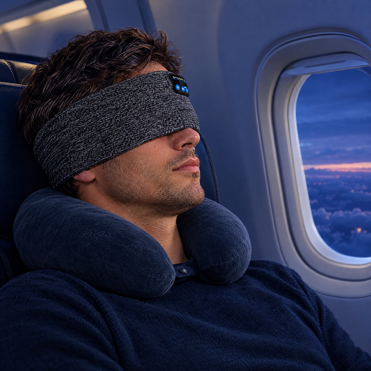 Man sleeping on a plane wearing the Bluetooth sleep mask for travel