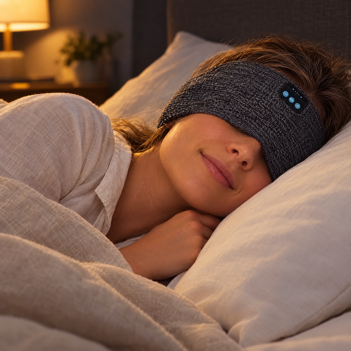 Woman side sleeping comfortably wearing the Bluetooth sleep mask over her eyes