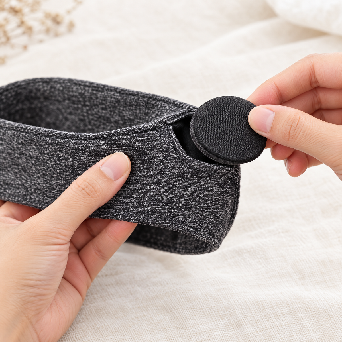 Ultra-thin removable speaker sliding out of the washable sleep mask band