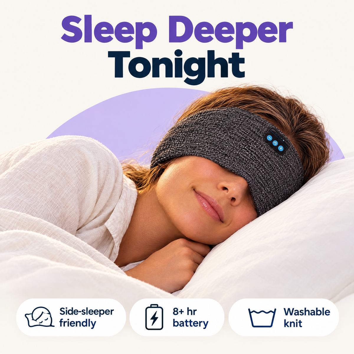 Veylo Bluetooth sleep mask: side-sleeper friendly, 8+ hr battery, washable knit